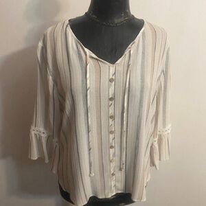 I. N. Studio Petite White/Tan/Gray stripe Bell sleeves V-neck tie top, size PL
